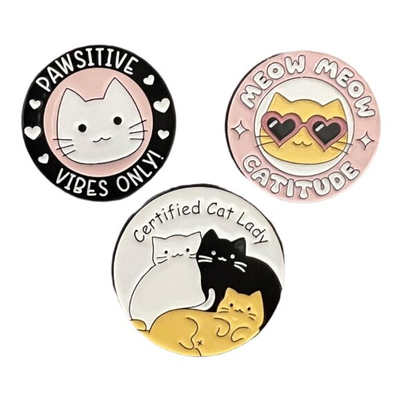 Jewelry - 🧷BUNDLE OF 3 Enamel Pins - Cat-Themed Pins - "Certified Cat Lady" etc.